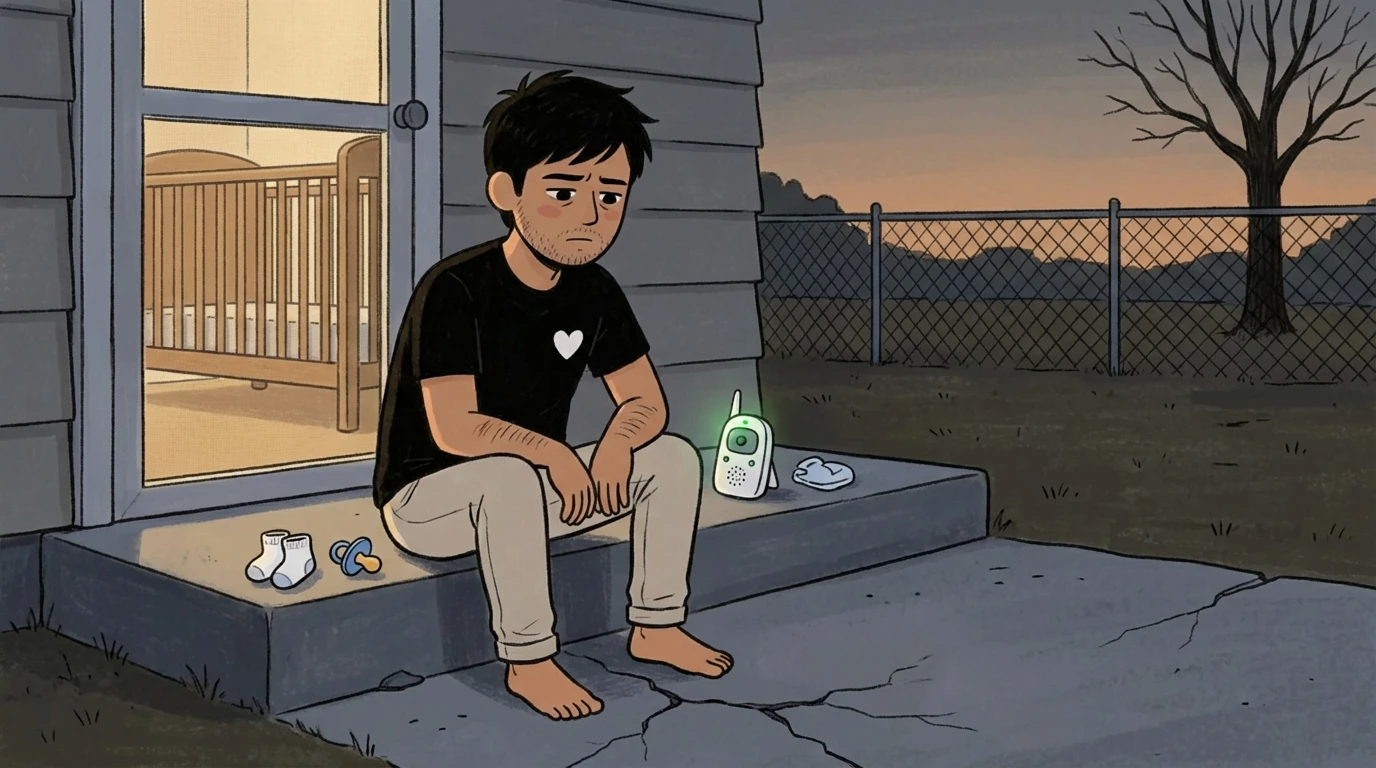 A parent on back porch steps at dusk with a baby monitor beside him, taking a break from bonding activities