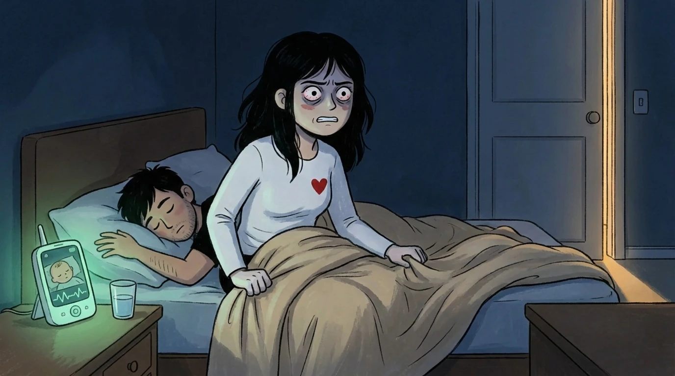 New mother sitting up in bed at night with wide eyes and baby monitor on nightstand while partner sleeps - postpartum anxiety