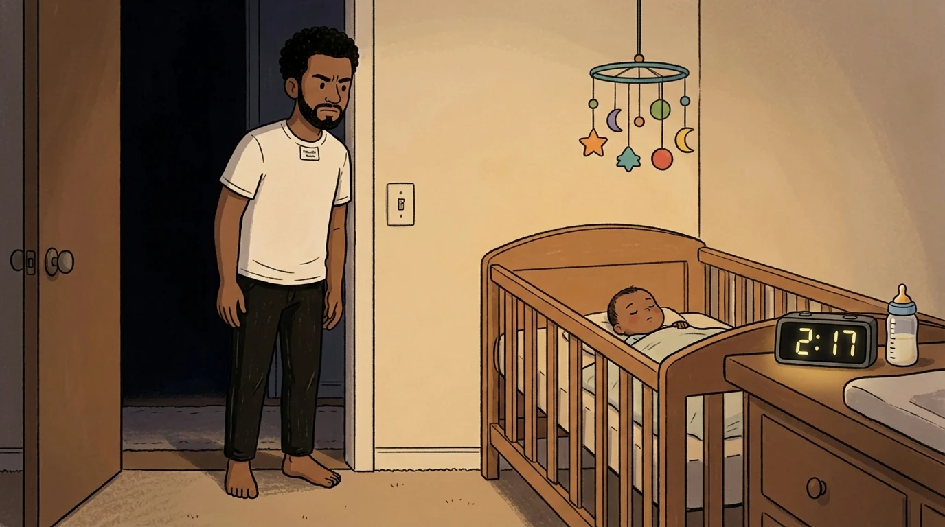Parent standing in darkened doorway checking on sleeping baby in crib at 2:17am - postpartum nighttime worry