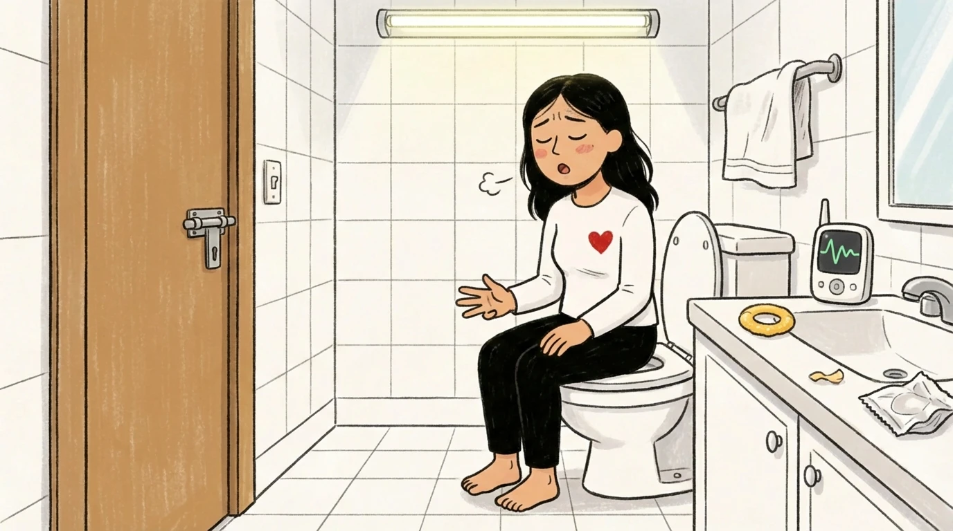 New mother sitting in bathroom doing deep breathing with baby monitor nearby - postpartum anxiety coping technique