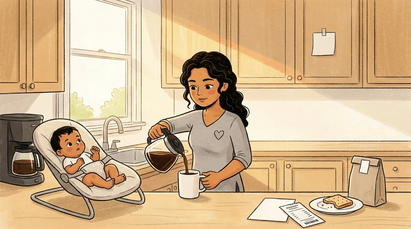 Mother pouring coffee in sunny kitchen while newborn rests in bouncer seat - postpartum recovery morning routine