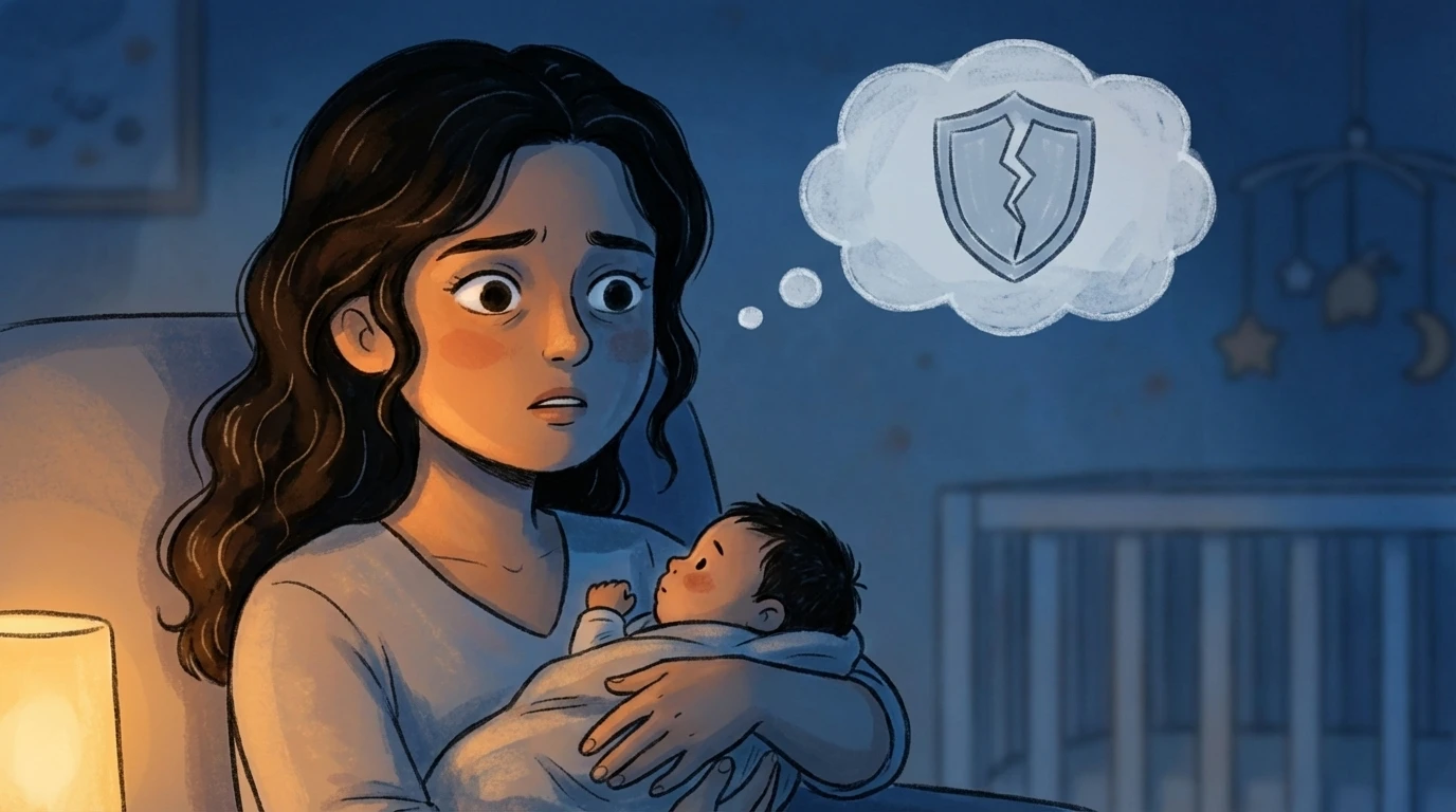 Mother holding a sleeping baby in a dim nursery with a thought bubble showing a cracked shield, reflecting postpartum anxiety.
