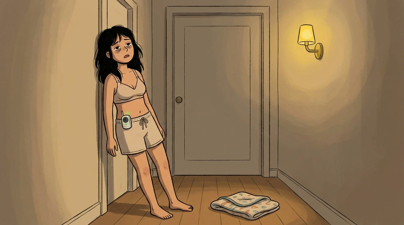 New mother in sleepwear leaning against a hallway wall at night with a baby monitor clipped to her waistband