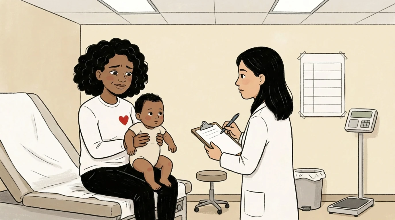 Mother holding an infant while speaking with a doctor taking notes on a clipboard in an exam room