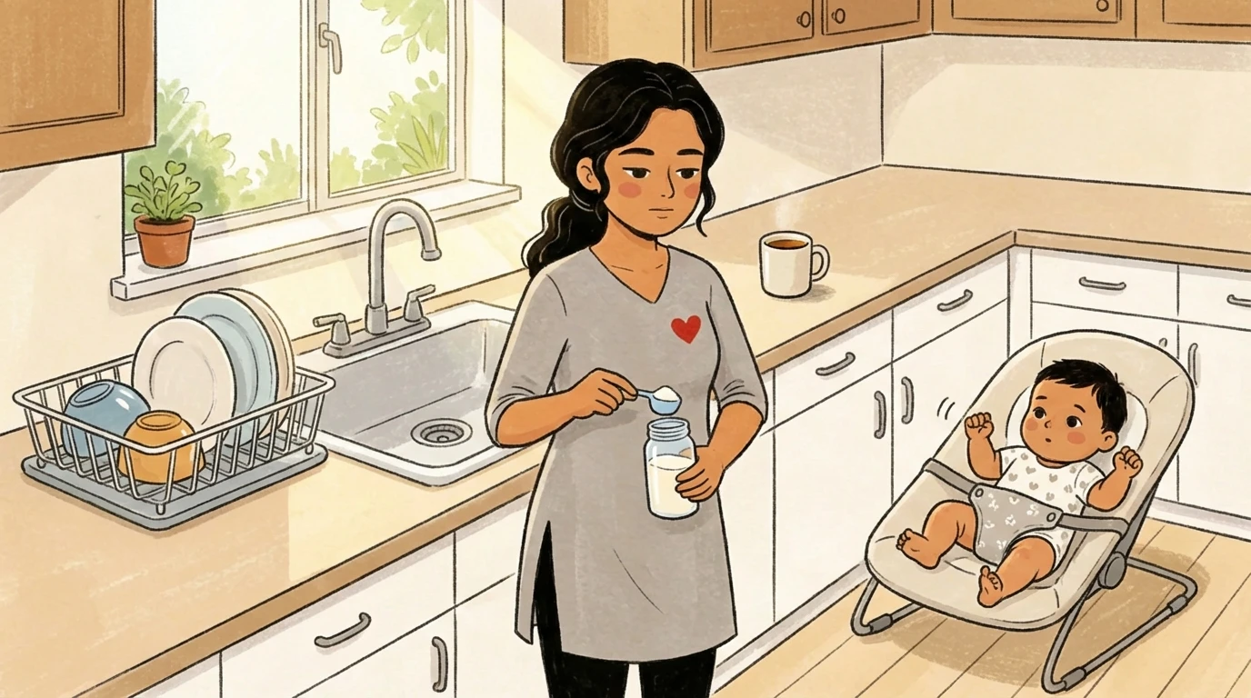 Mother holding a bottle near a baby in a bouncer seat in a kitchen with dishes and a mug on the counter