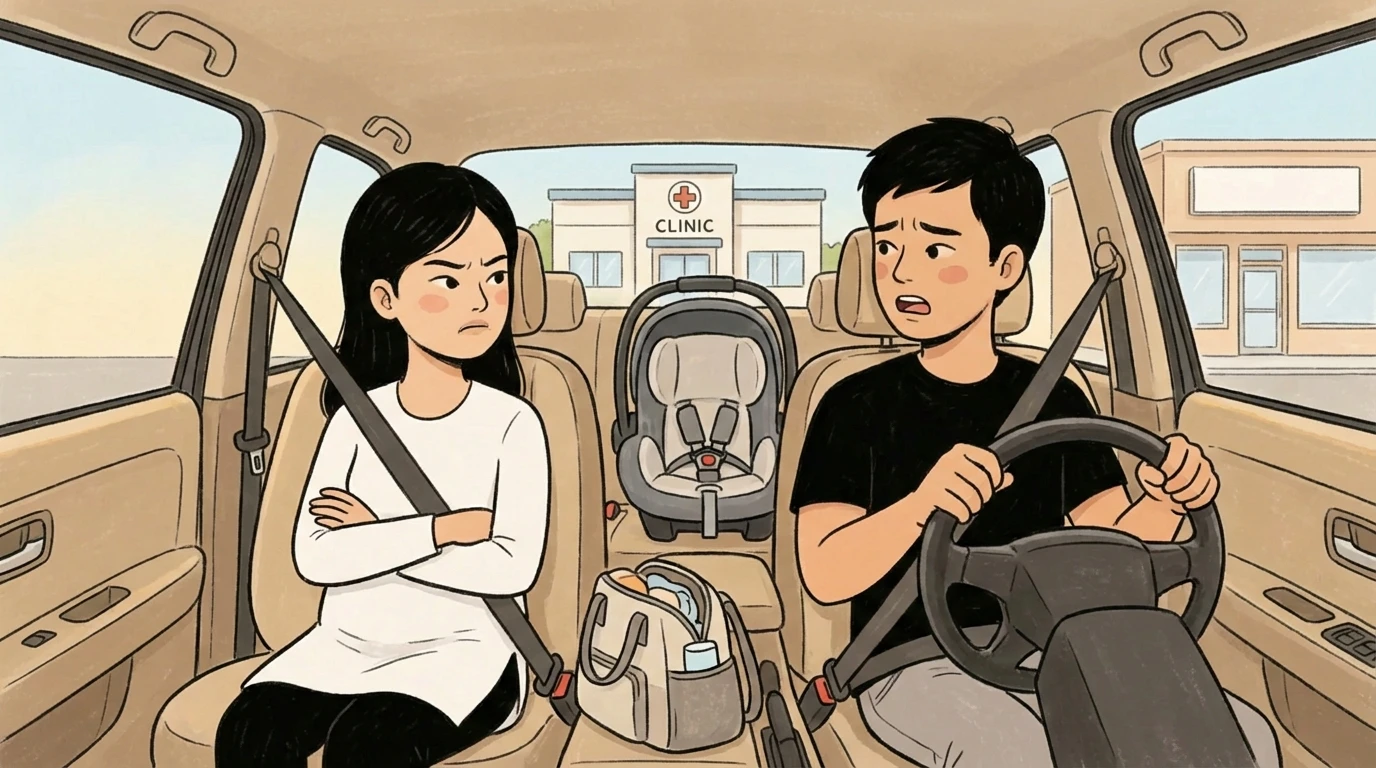 Couple sitting in a car with an empty infant car seat behind them, a clinic visible through the windshield