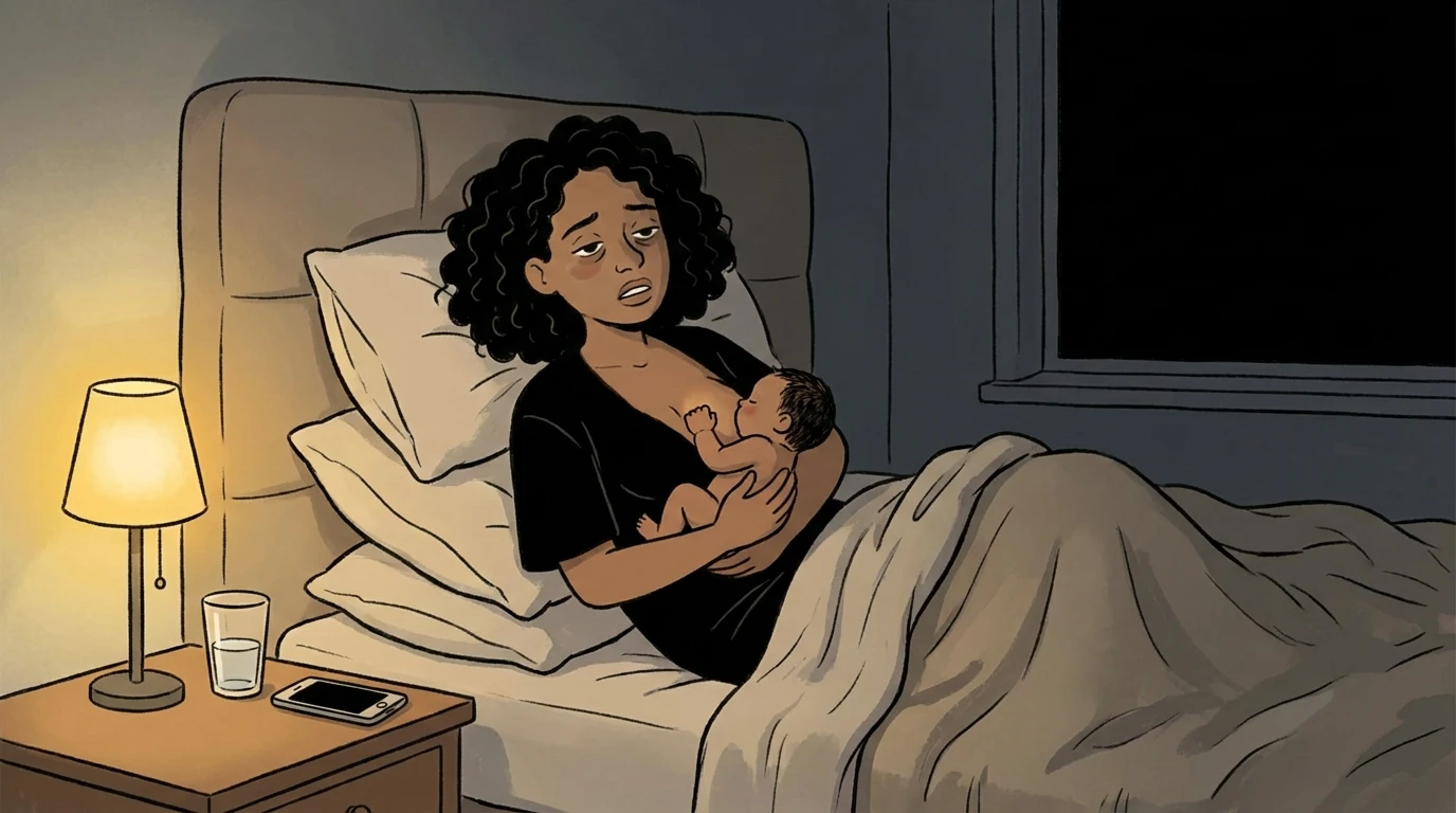 New mother nursing a newborn in bed at night during the postpartum weeks