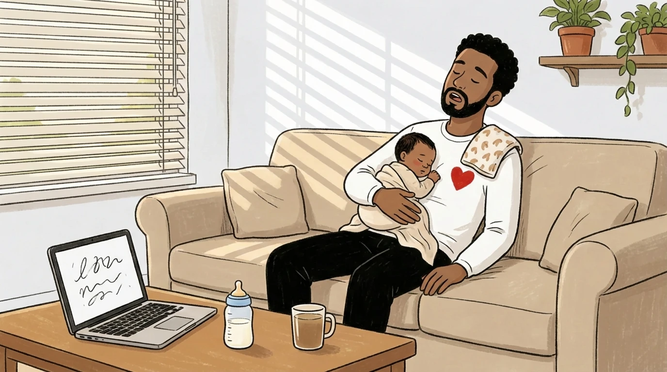 Man resting on a sofa holding a sleeping newborn
