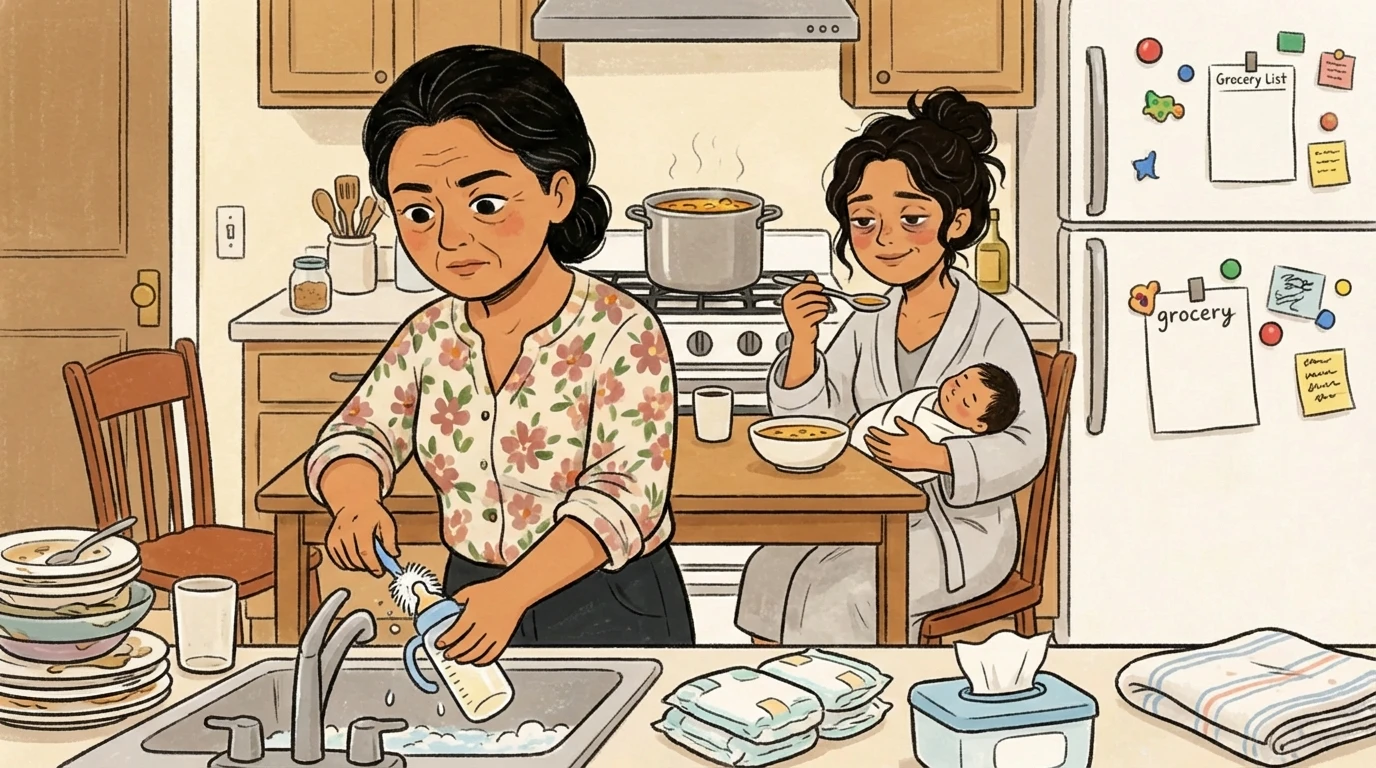 One person washing dishes while another holds a newborn at the kitchen table, practical postpartum support at home