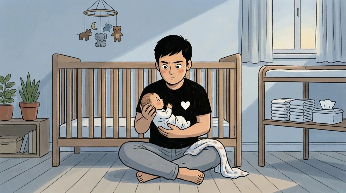 Man sitting cross-legged on a nursery floor holding a newborn during one of the hardest newborn nights
