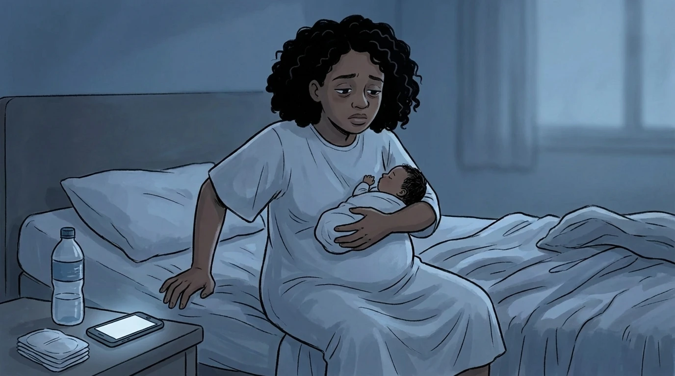 Mother sitting on bed holding a newborn at night during the hardest postpartum weeks, reaching for the nightstand.