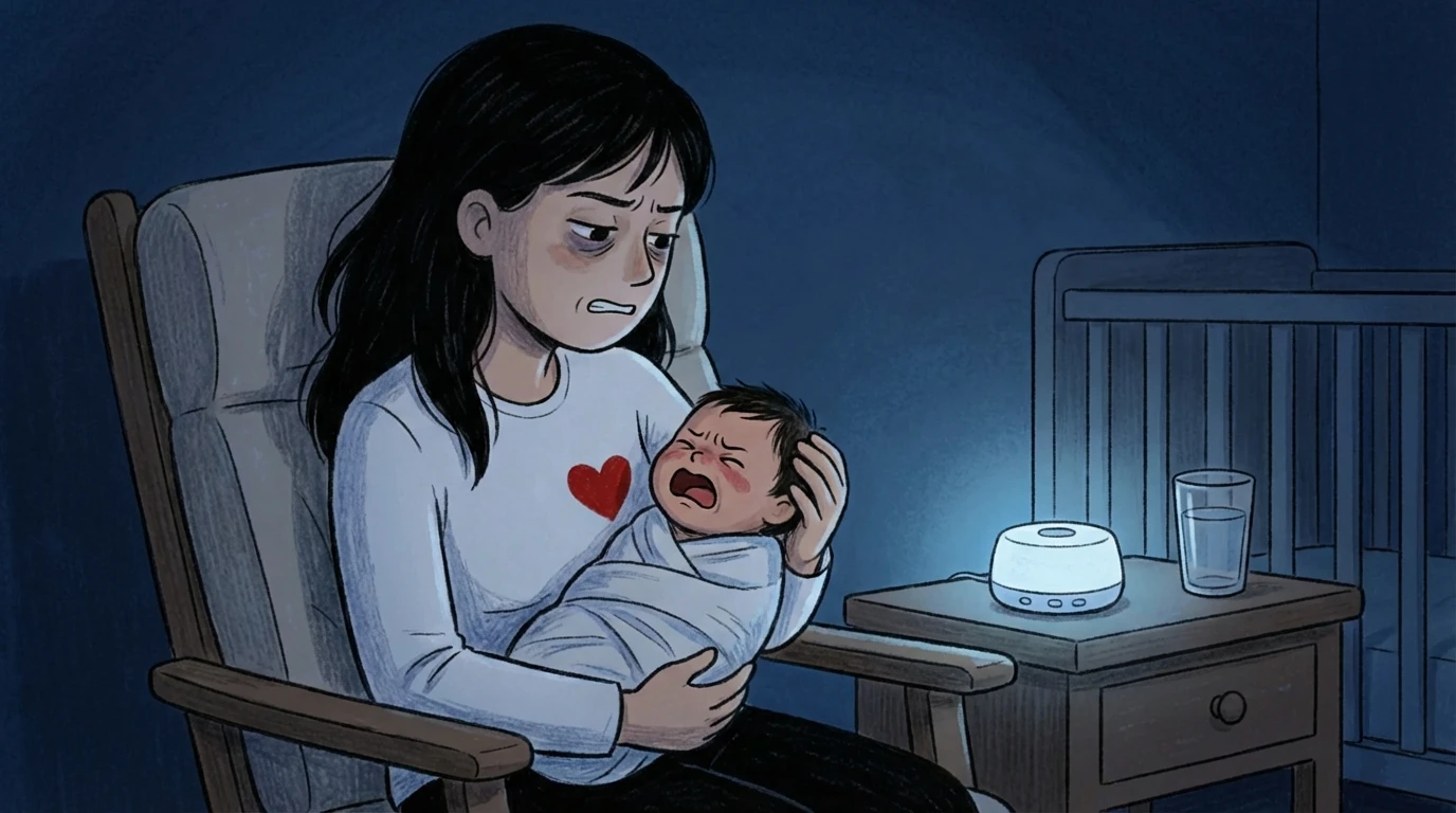 Parent holding a swaddled crying newborn in a rocking chair at night with a white noise machine nearby