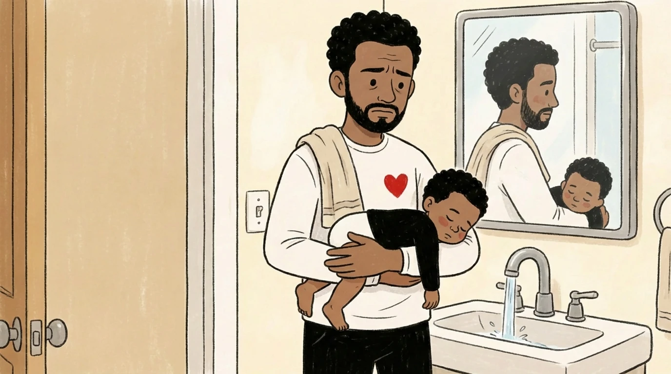 Parent holding a sleeping baby face-down over the forearm near a running bathroom sink