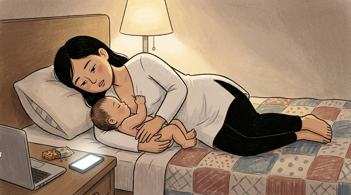Parent lying on a bed next to a sleeping newborn with a hand resting on the baby's back