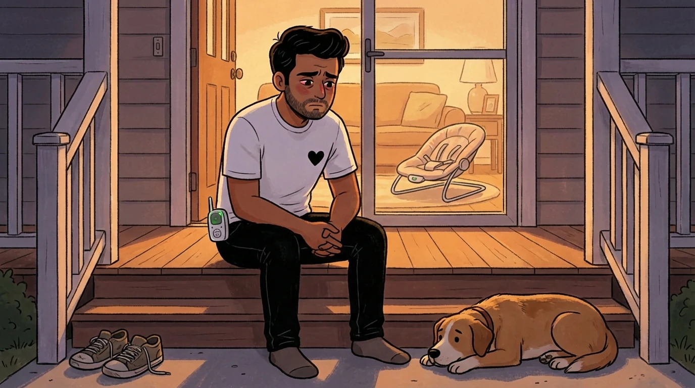 Parent sitting alone on porch steps holding a phone with a baby bouncer visible through the window