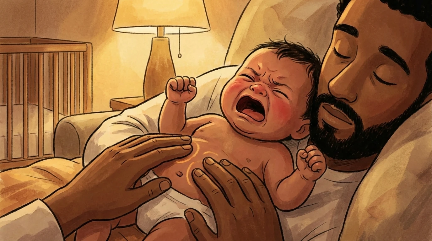 Father holding a crying baby against his chest in a dimly lit nursery with a crib and lamp nearby.