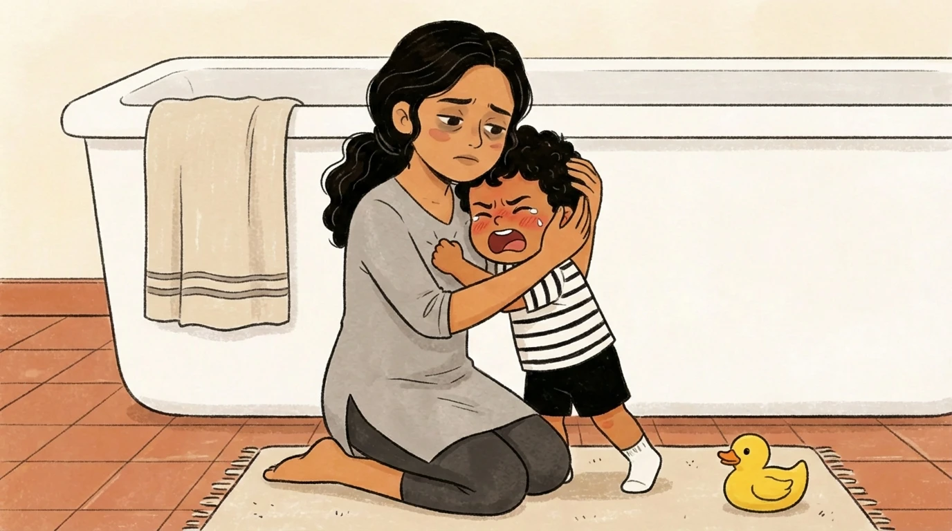 Mother kneeling on a bathroom floor holding a crying toddler close against her chest near a rubber duck