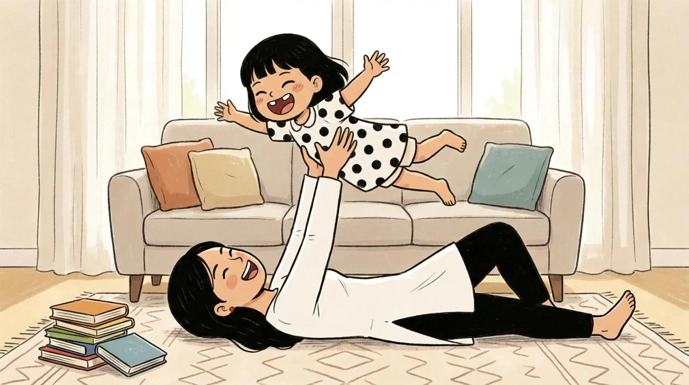 Mother lying on the living room floor lifting a laughing toddler in the air with books stacked nearby