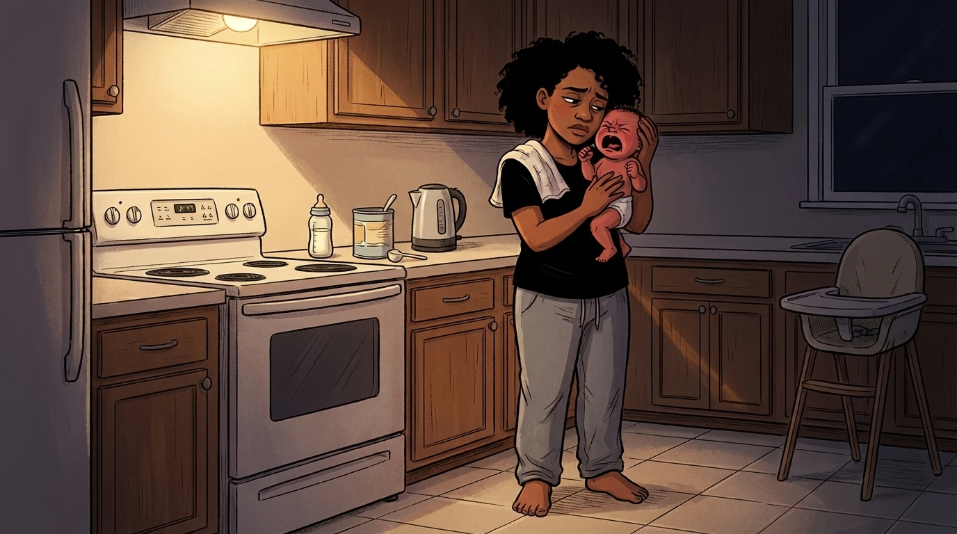 Parent holding a crying baby in a dim kitchen at night while understanding their needs