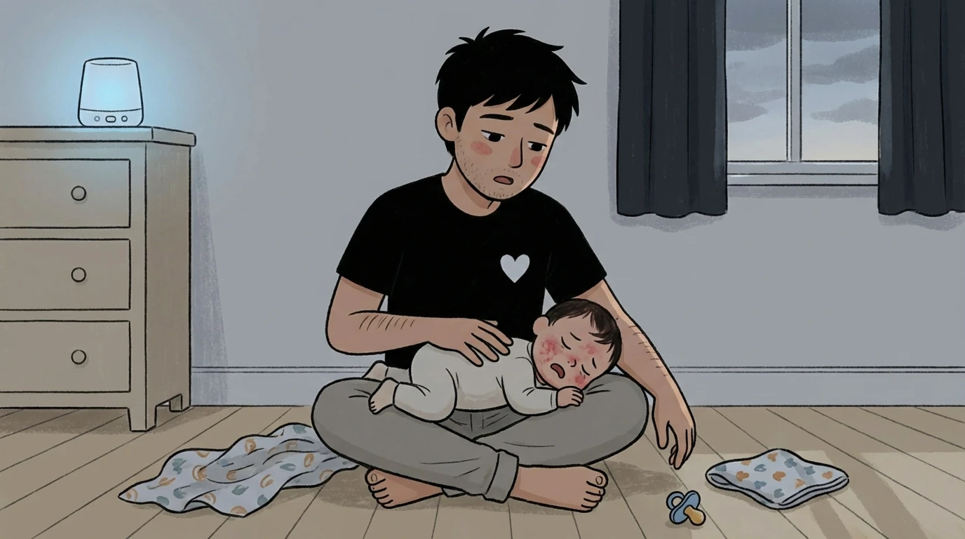 Parent sitting on the floor soothing a crying newborn on a nursing pillow at night