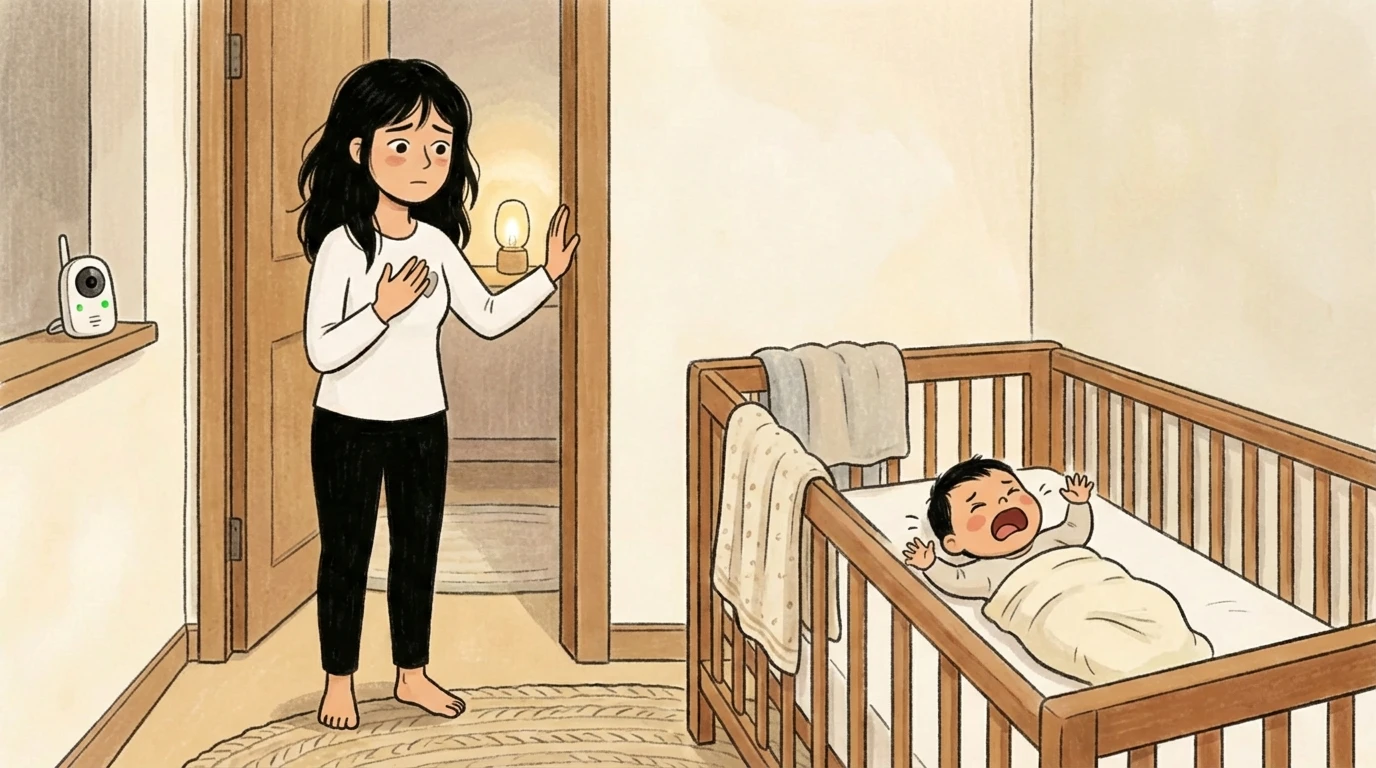 Parent standing at nursery doorway as a baby cries in a wooden crib with monitor on shelf