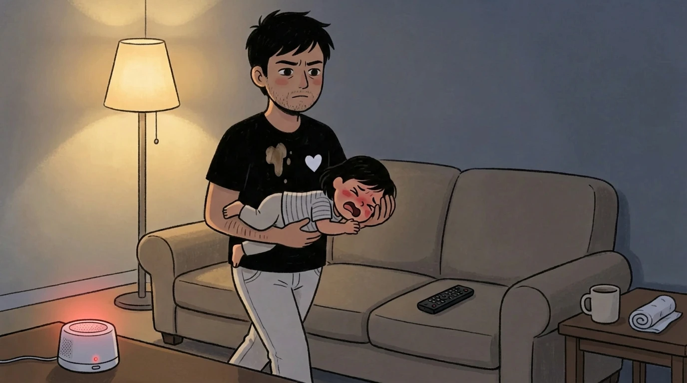 Parent pacing the living room holding a crying baby whose brains are calmed by soothing