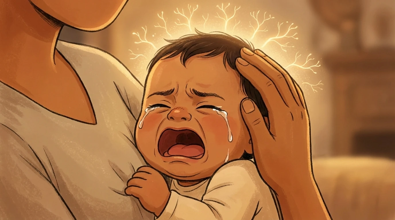 Parent holding a crying baby close while gently cradling the head, with soft light glowing above.