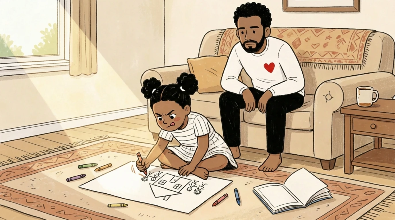 Father watching child draw on large paper on living room floor building a sense of self through creative play