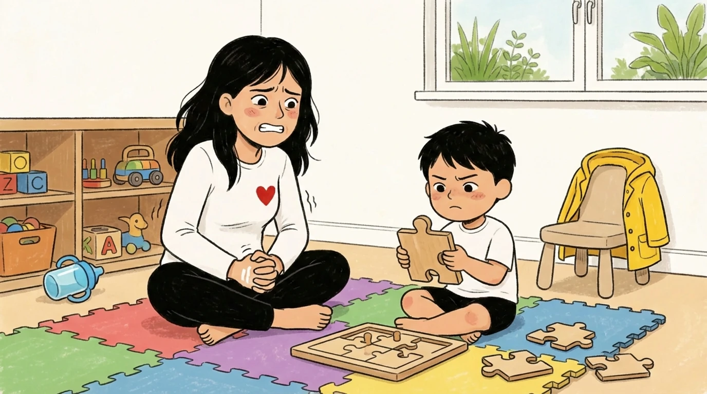 Mother and child working a puzzle together on a colorful play mat building confidence through hands-on problem solving