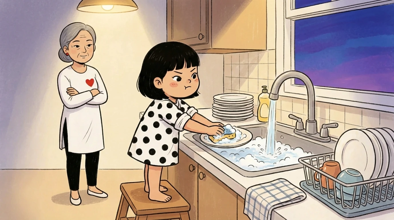 Young child on a step stool washing dishes at the kitchen sink while an older woman watches - real tasks build self-esteem