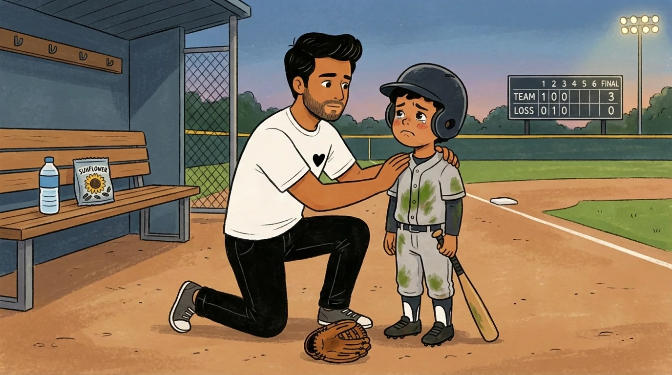 Father kneeling to a child's level in a baseball dugout, hand on shoulder - the kind of support that works after a loss