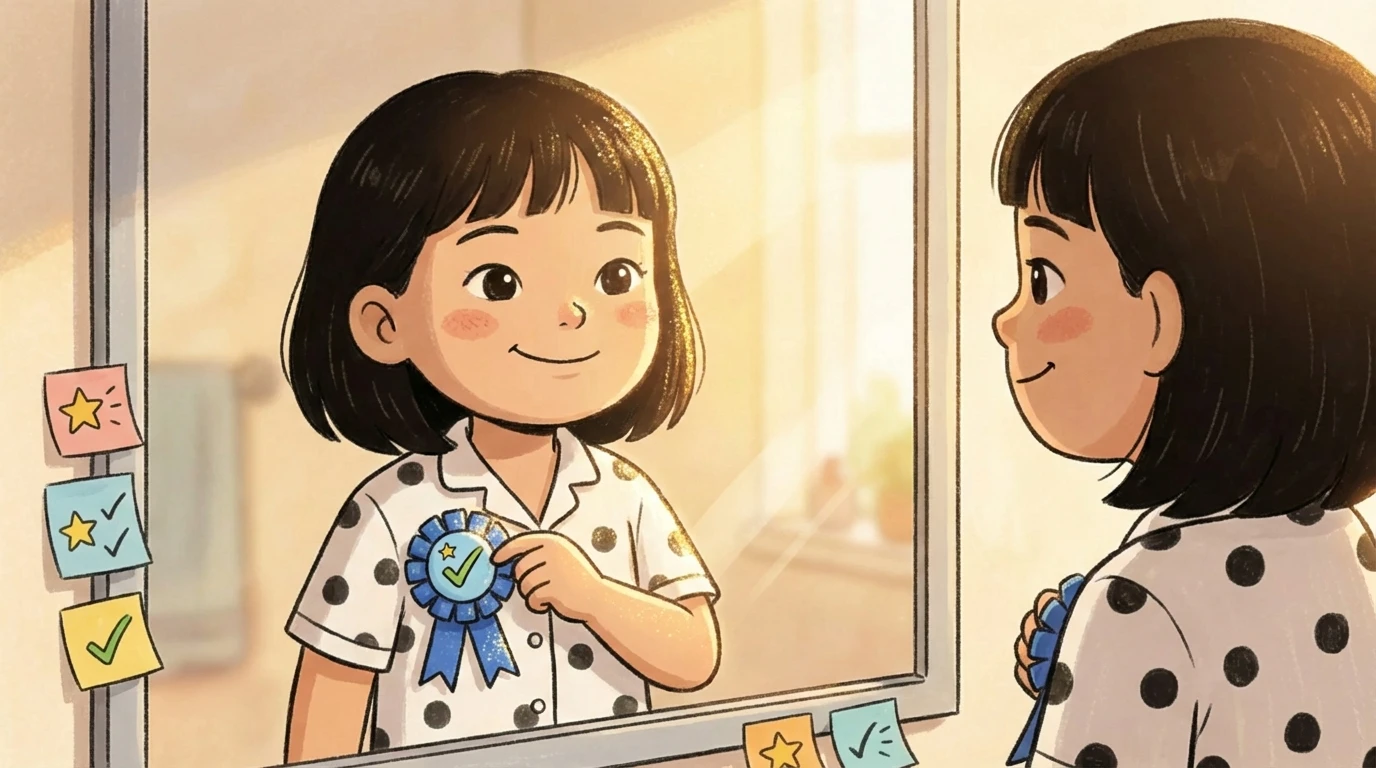 Child building self-esteem by pinning a ribbon to her chest while looking confidently at her reflection in a mirror.