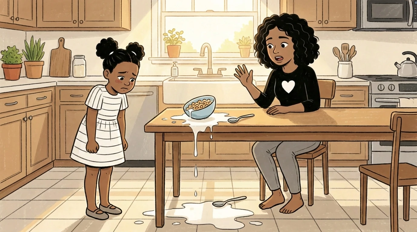 Child standing head down near spilled bowl as parent gestures at kitchen table, childhood shame