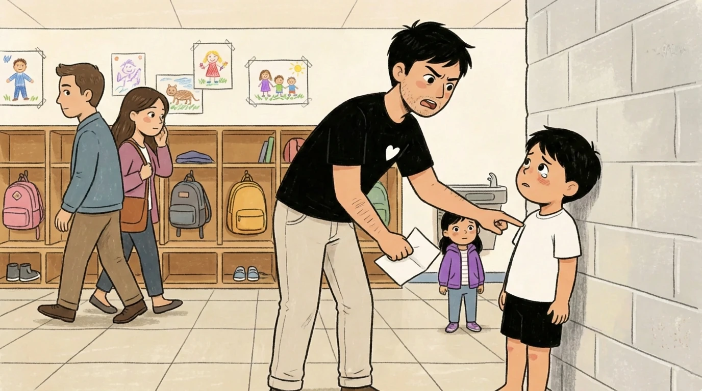 Adult crouching to speak with small boy backed against a school hallway wall while other children walk past