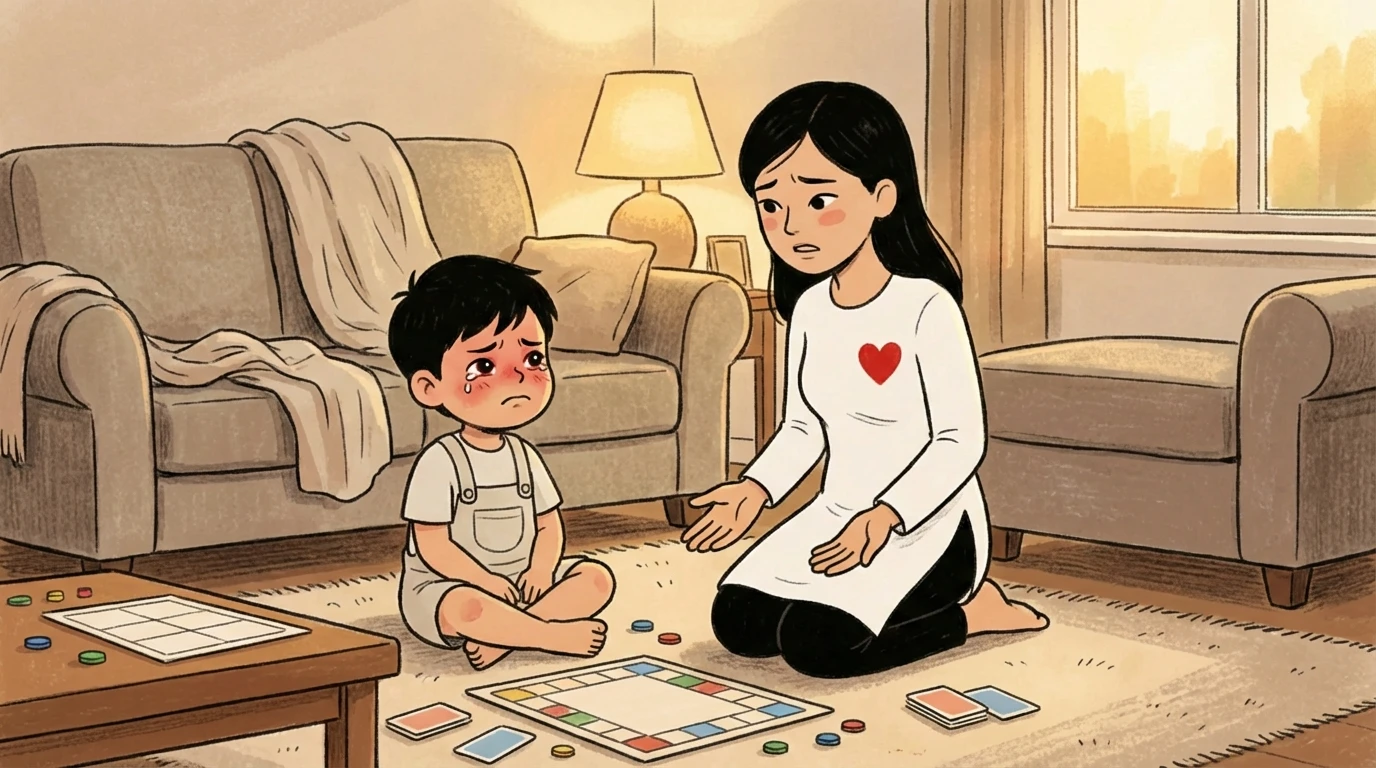 Mother sitting on living room floor beside toddler with scattered board game pieces between them