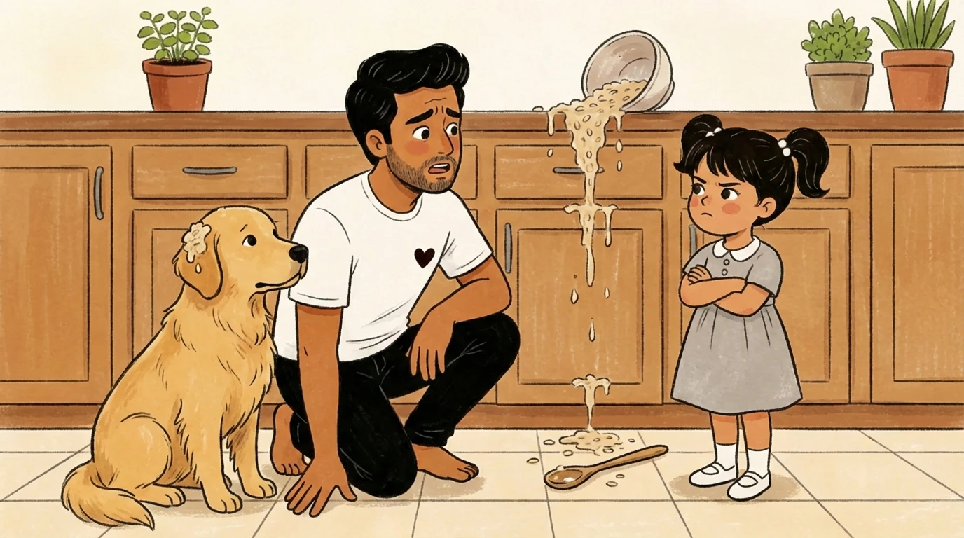 Father crouching on kitchen floor near a dog and spilled food speaking with a young child with arms crossed