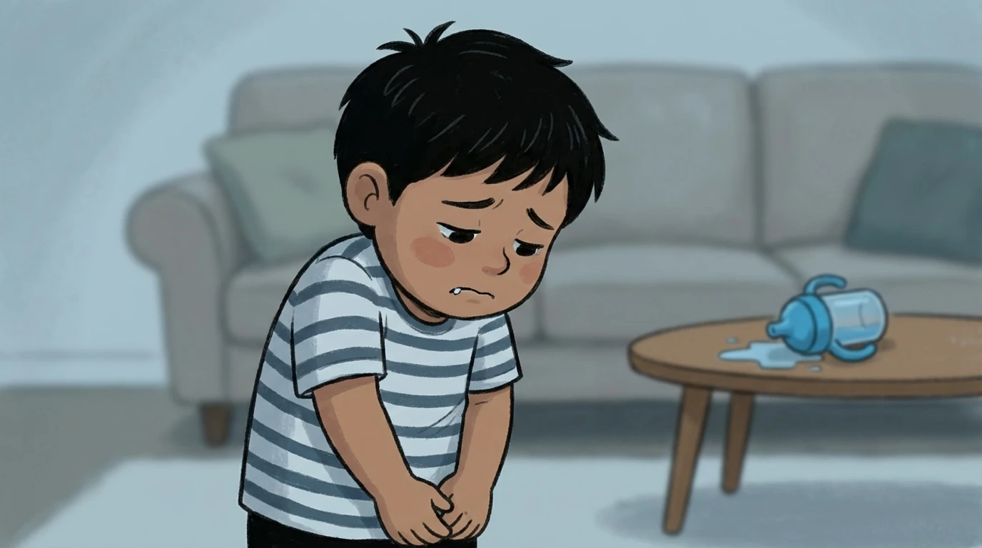 Child standing with head bowed in shame after spilling a cup on the table in a living room.