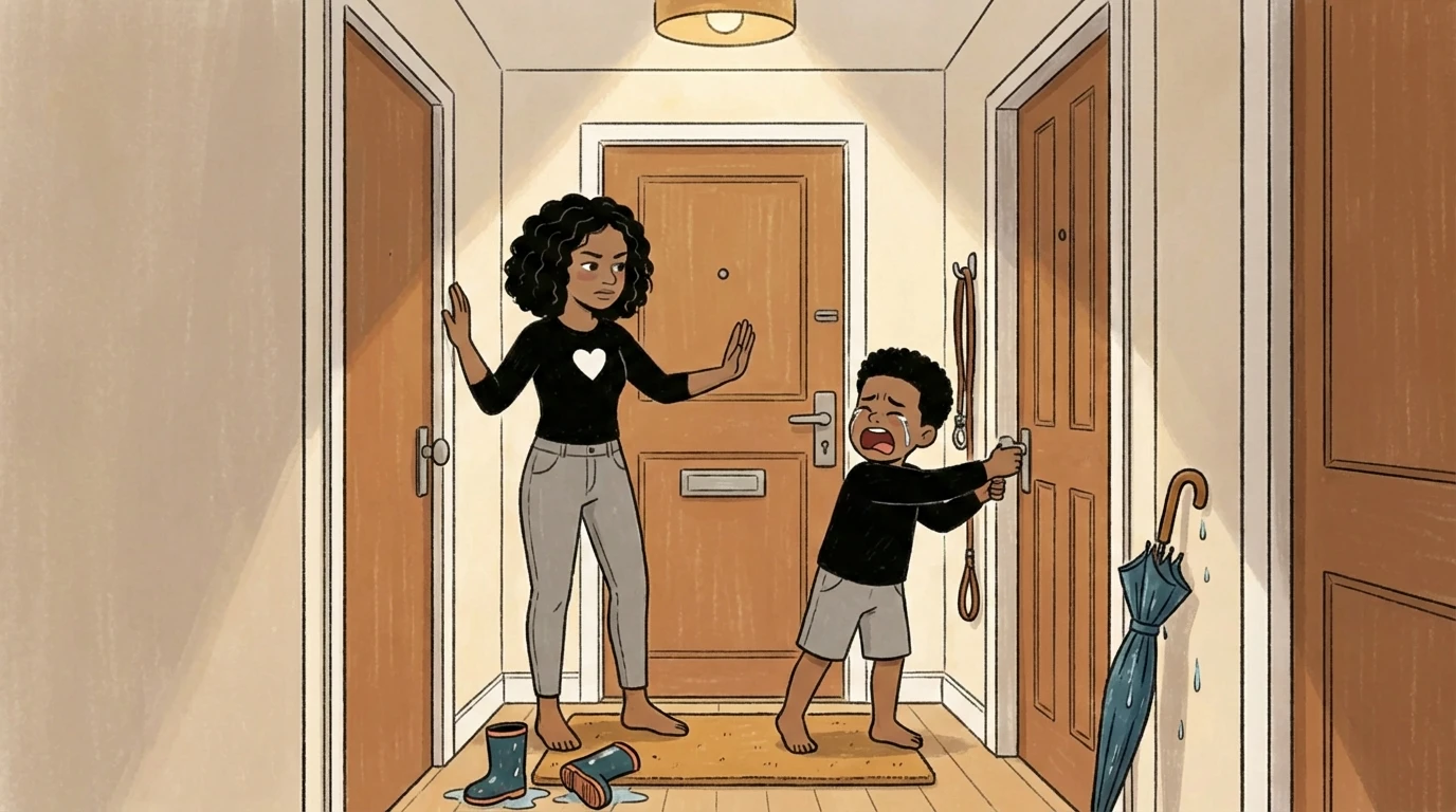 Mother holds her hands up in a hallway as a toddler cries gripping the door, showing that gentle parenting doesn't mean no limits.