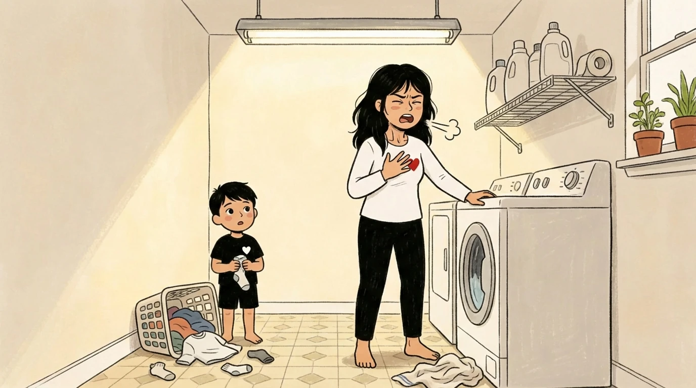 Mother in a laundry room takes a deep breath with hand on chest as a toddler watches and clothes are scattered on the floor.
