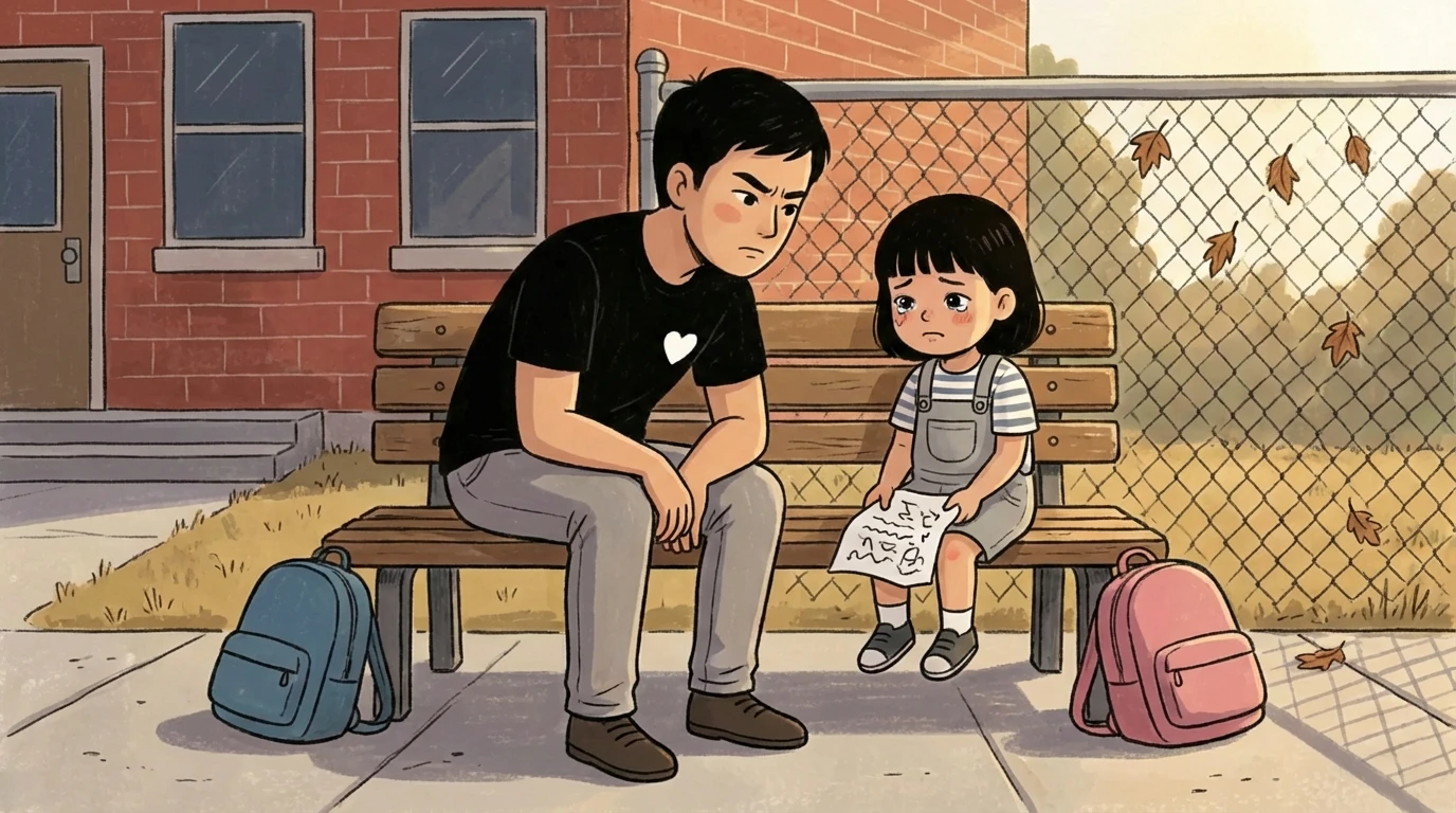 Father seated beside a child on an outdoor bench looking at a paper together with backpacks on the ground.