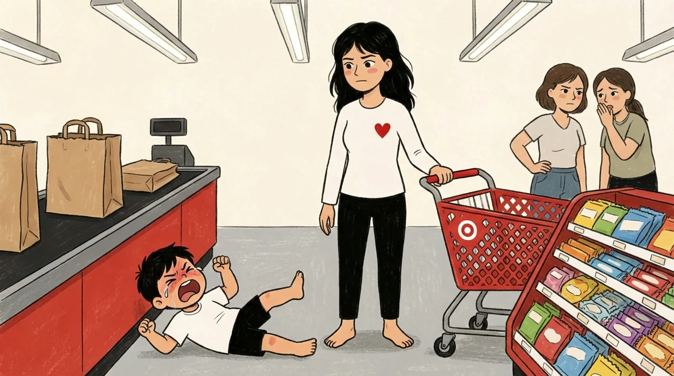 Mother stands calmly at checkout as child throws a tantrum on the floor - gentle parenting means holding limits