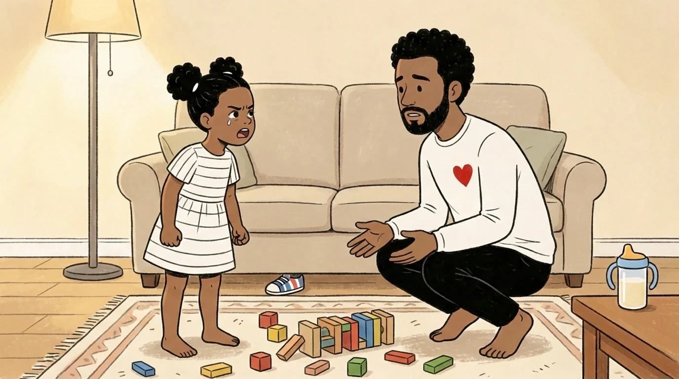 Father crouches to eye level and reaches toward a tearful toddler child standing among scattered wooden blocks