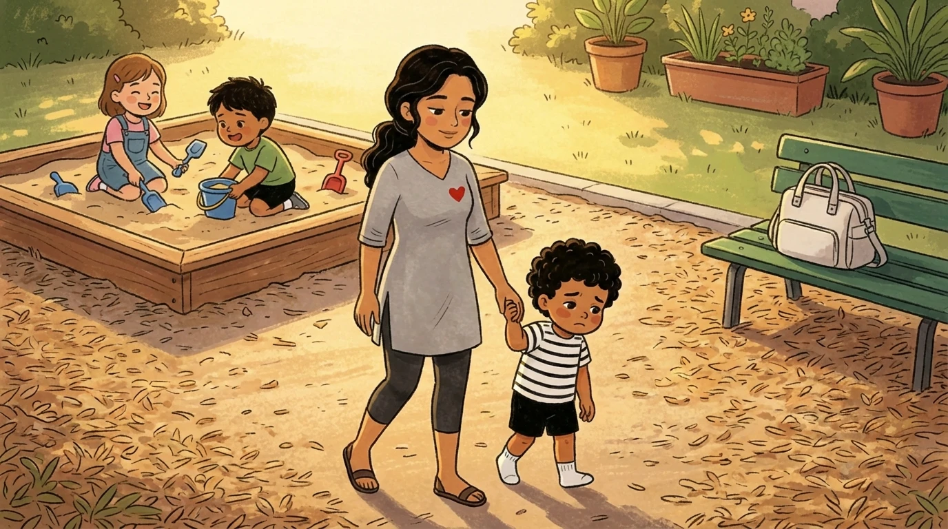 Mother leads a toddler by the hand away from a sandbox - gentle doesn't mean letting kids do whatever