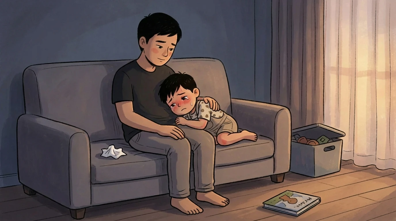 Father sits on a sofa with arm around a tearful child leaning against him with tissues on the cushion beside them