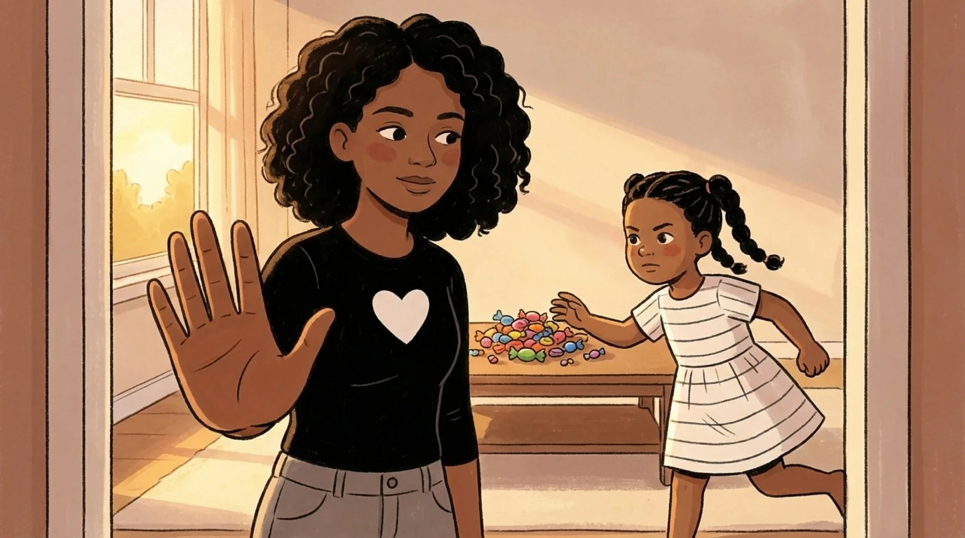 Mother holds up her hand to set a gentle boundary as child reaches for candy on a table.