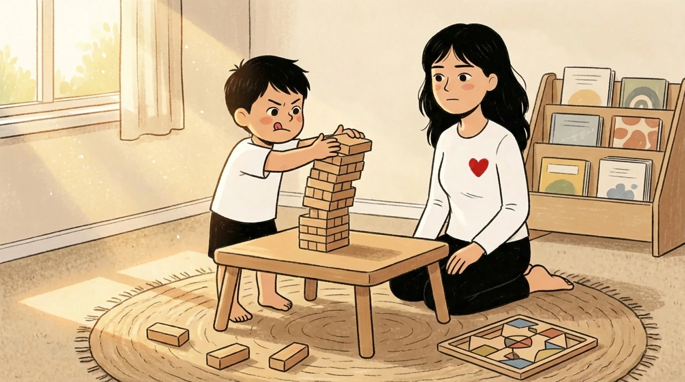 Mother watches closely as young boy stacks wooden blocks on a table illustrating presence over empty praise.
