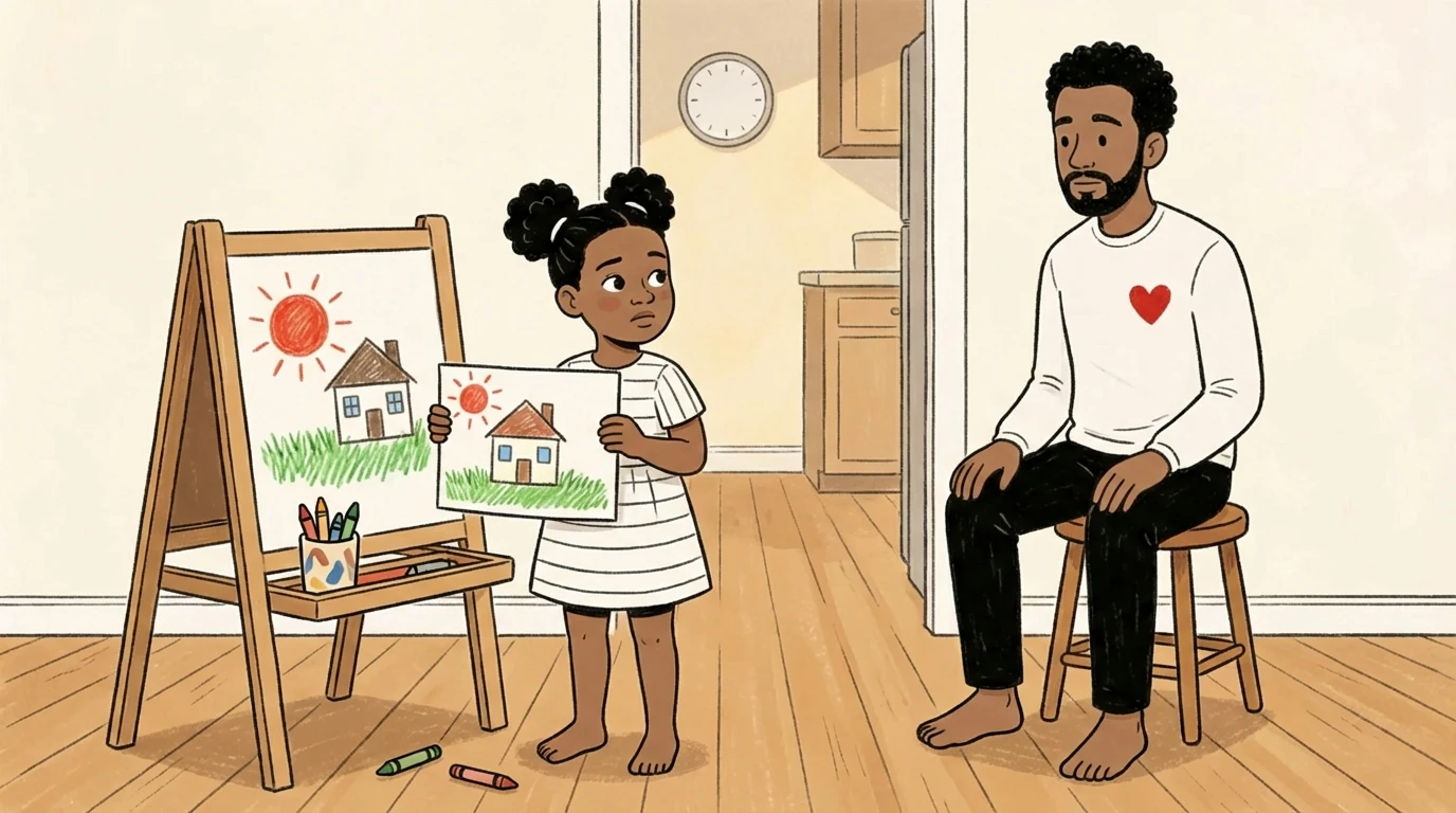 child presents a crayon drawing to her father seated on a stool, waiting to hear what he'll say instead of 'great job.'