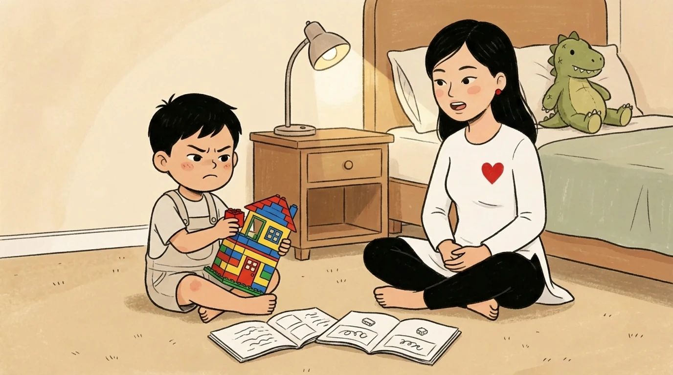 Mother speaks to a boy clutching a colorful brick house on the bedroom floor, open books spread beside them.