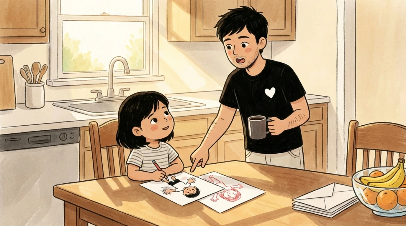 Father leans over a kitchen table pointing at a child's artwork, attentive to her needs as she looks up at him.