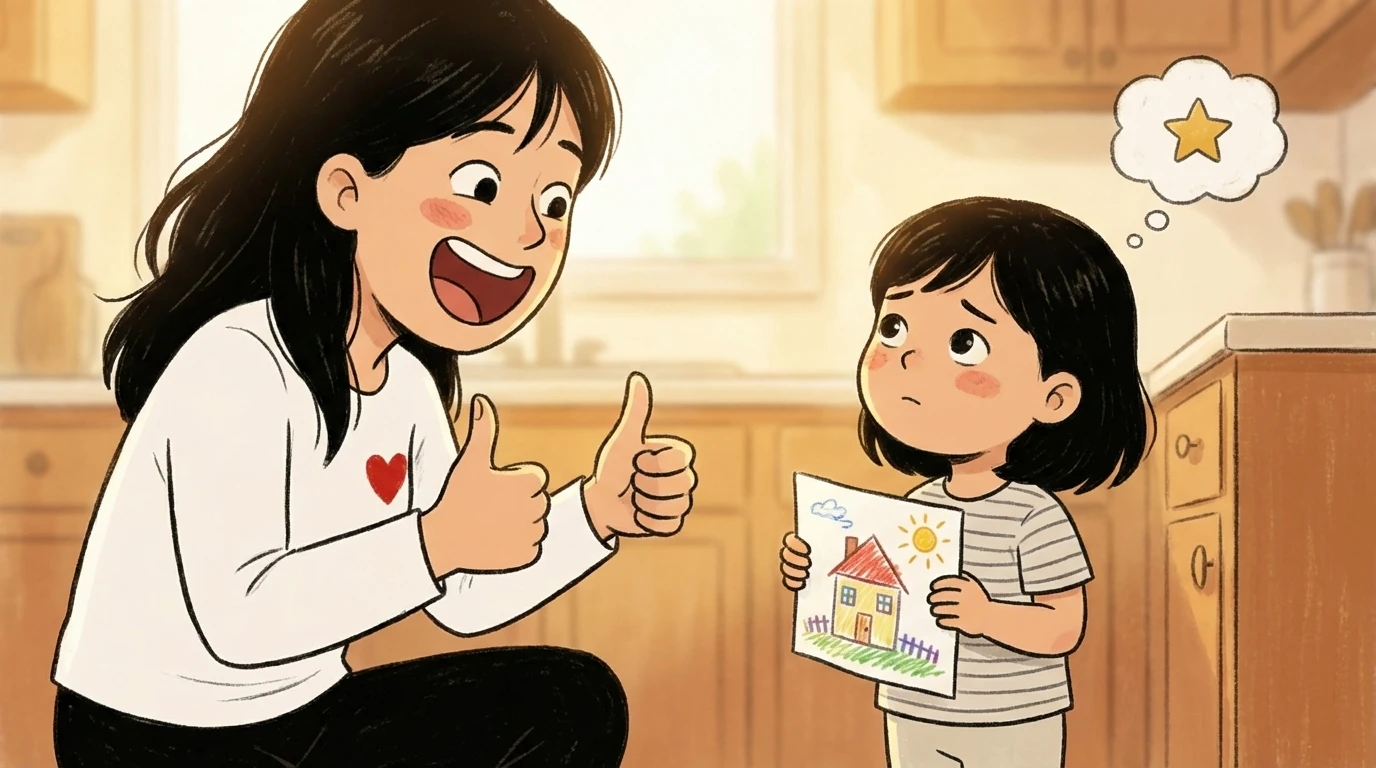 Mother giving a child praise with a thumbs up as the child holds a drawing in a kitchen, looking away.
